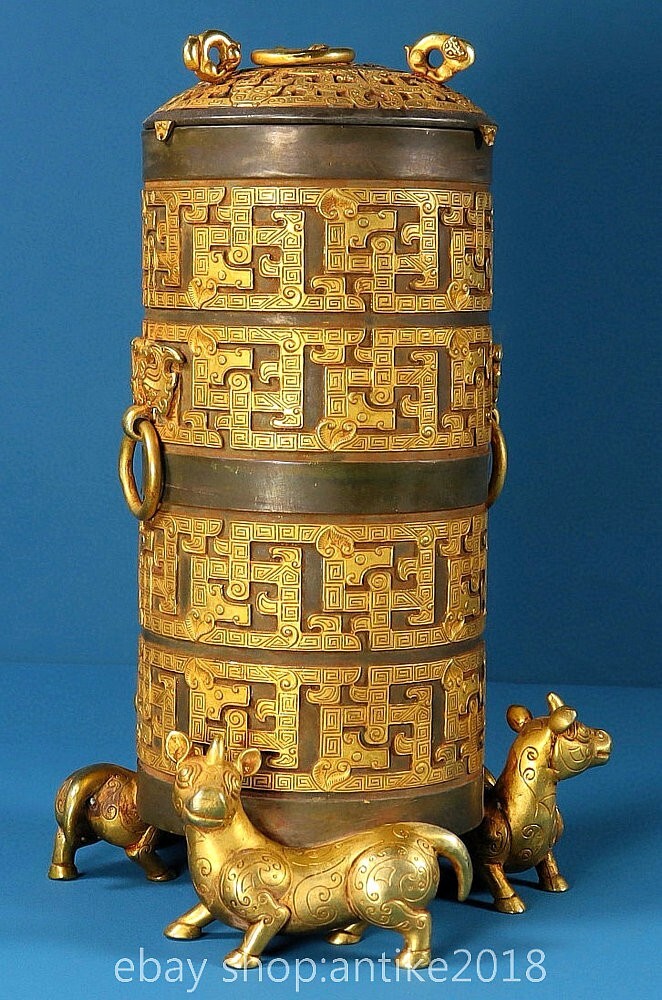 9.6″ Old Chinese Dynasty Copper 24K Gold Gilt Dragon Beast 3 Sheep Lid Jar Pot