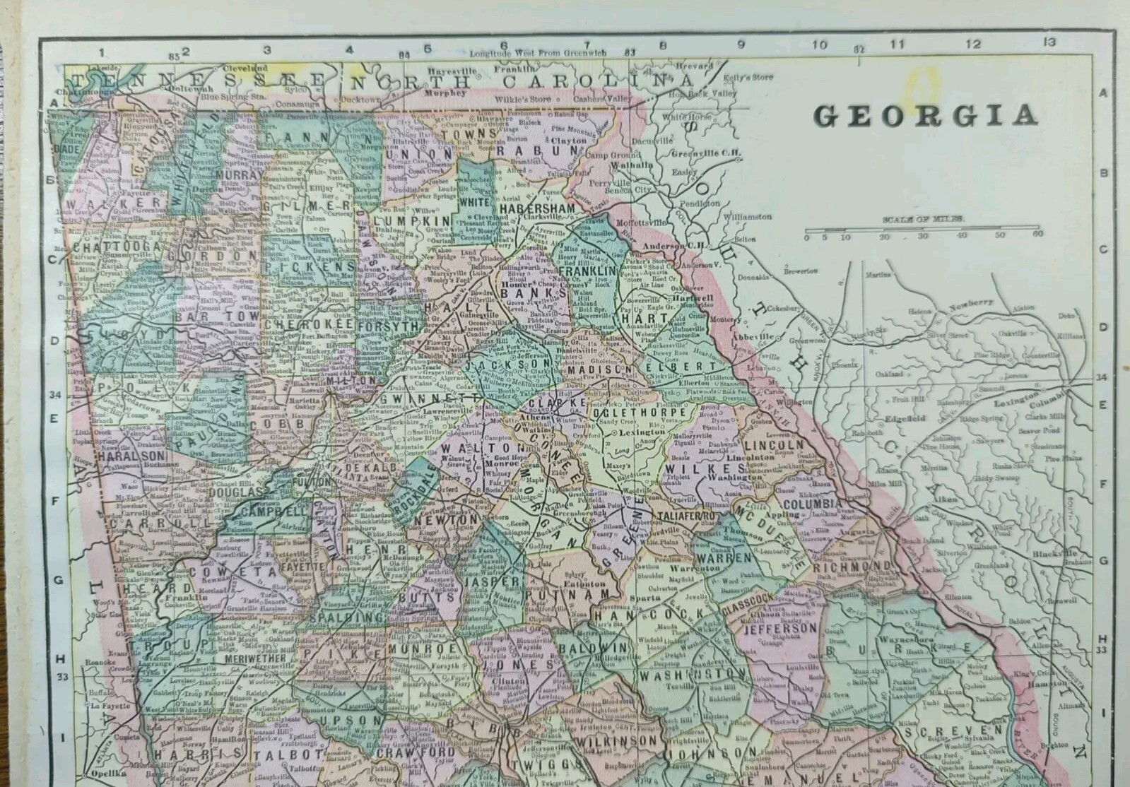 Vintage 1896 GEORGIA Map 11″x14″ Old Antique Original ATHENS ATLANTA MARIETTA