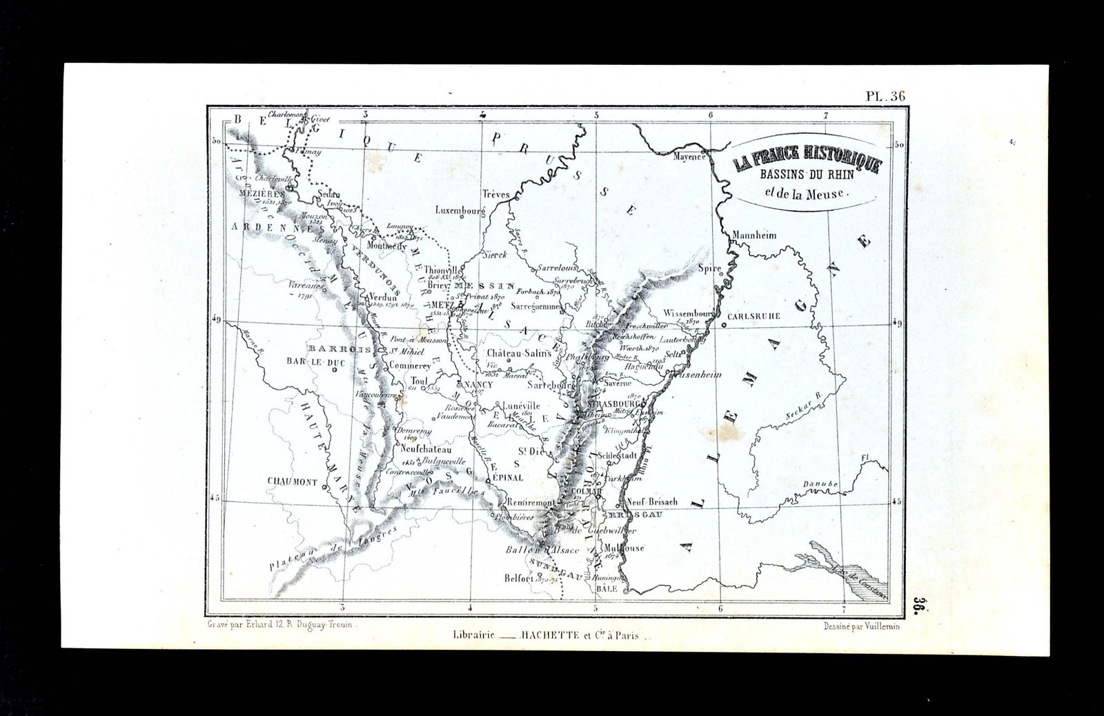 1877 Vuillemin Map – Historic France – Rhine Bassin Strasbourg Nancy Metz Colmar