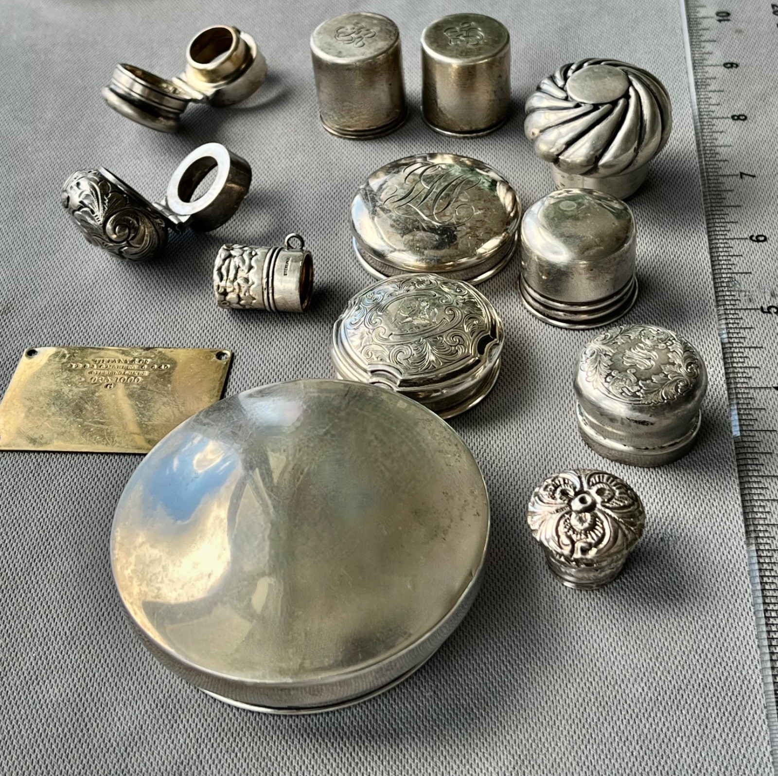 12 STERLING SILVER PERFUME COVERS & 1 PLATED / STERLING WEIGHT 6.28 TROY OZ