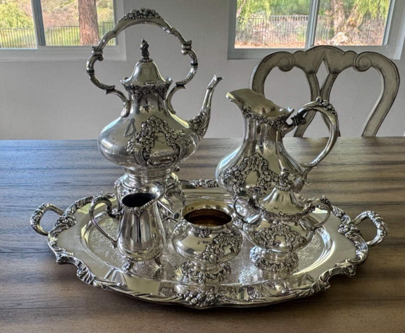 Reed & Barton King Francis Silverplate 7 Pc Coffee Tea Set w Kettle Stand Tray