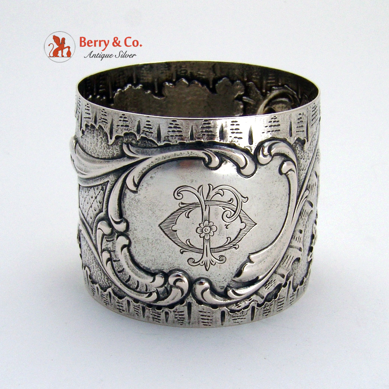 Repousse Floral Scroll Napkin Ring Coin Silver 1875 Monogram JO