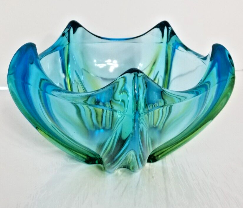 MURANO ART GLASS BOWL, “STARFISH / JELLYFISH” SHAPE, BLUE AND GREEN, VINTAGE
