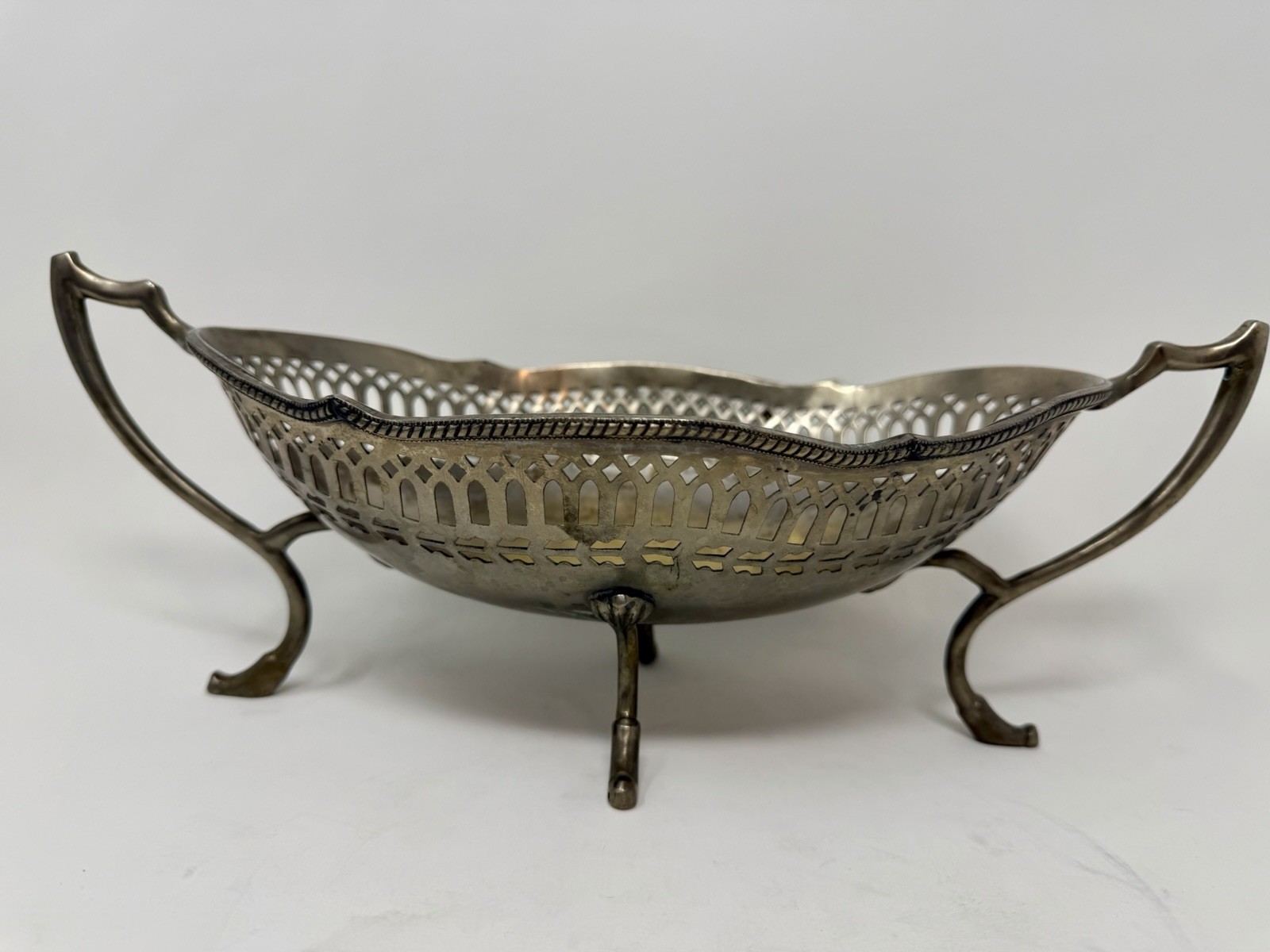 Antique Silverplate Pierced Gallery Oval Footed Bowl with Handles Fruit