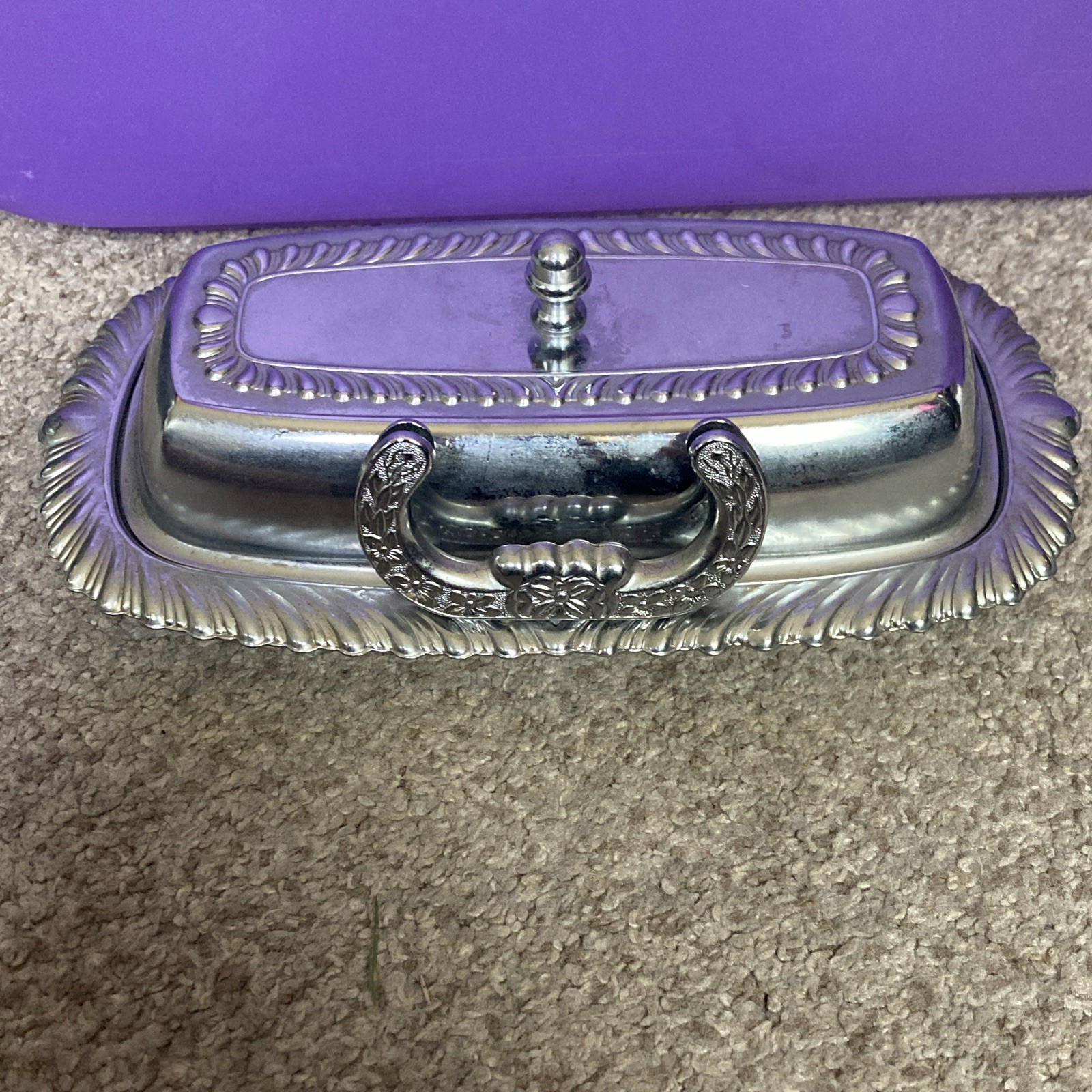Silverplate Covered Butter Dish w/ Handle, Finial Lid & Underplate Tray
