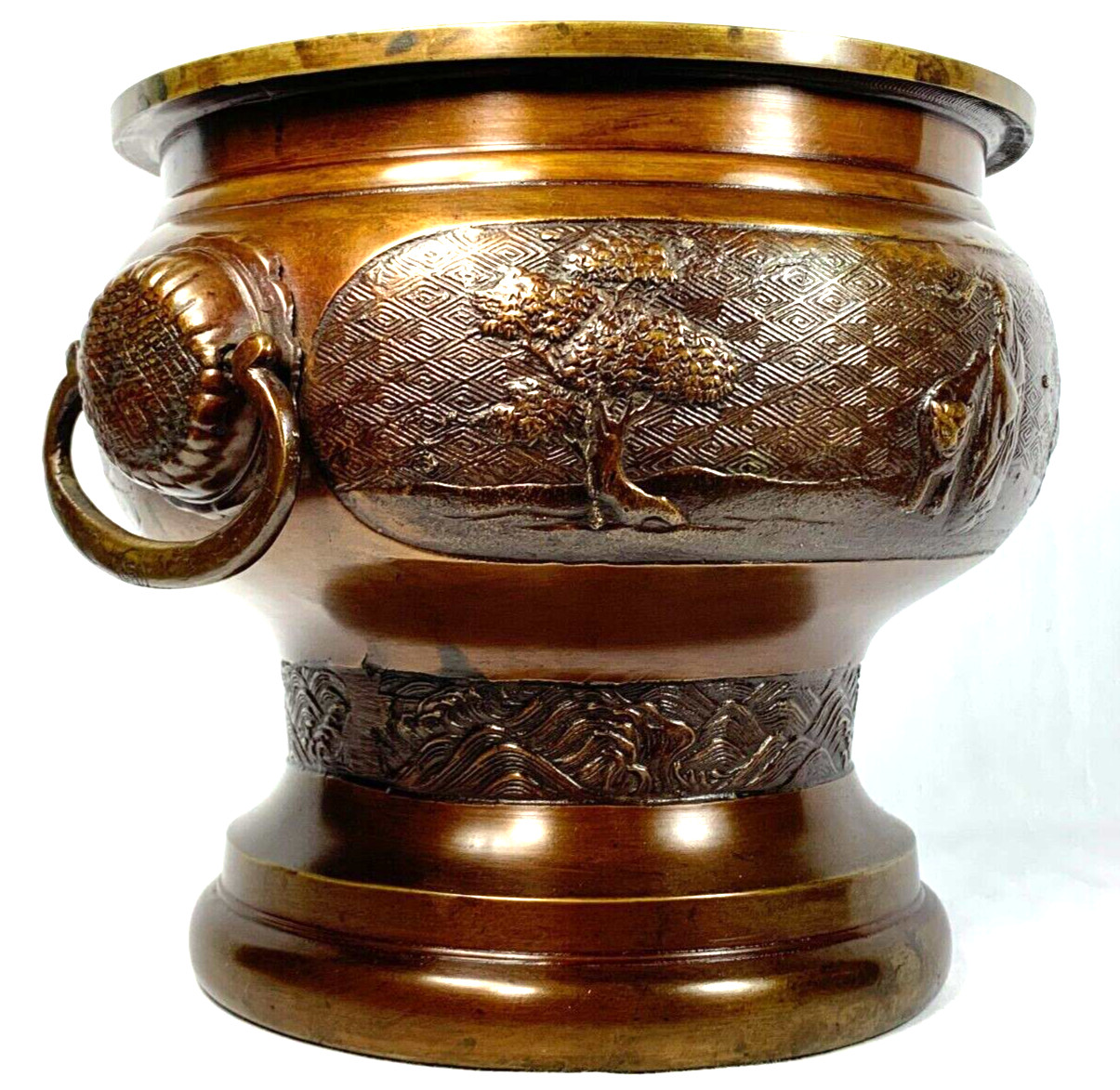 Antique Japanese Hibachi Bronze God Tiger Procession Sunflower Keyfret Meiji Era