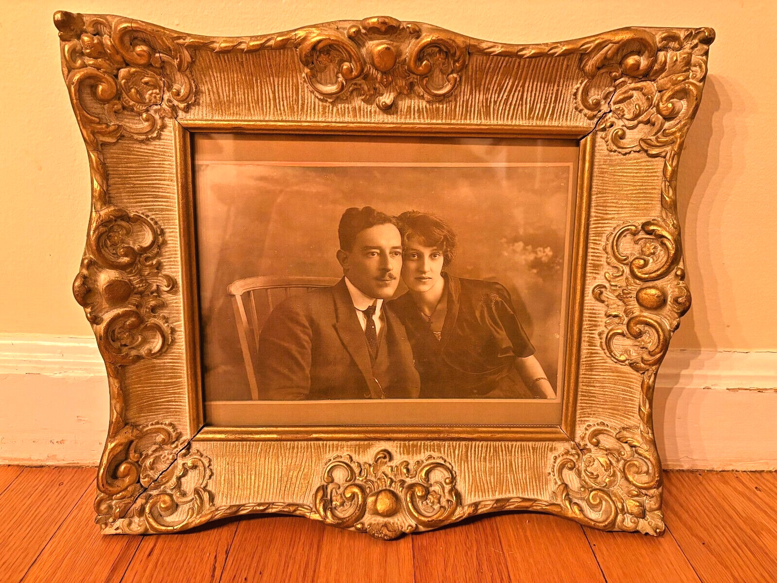 Vintage 1900’s Gold Framed Photograph of French Couple Ornate Frame Very Old