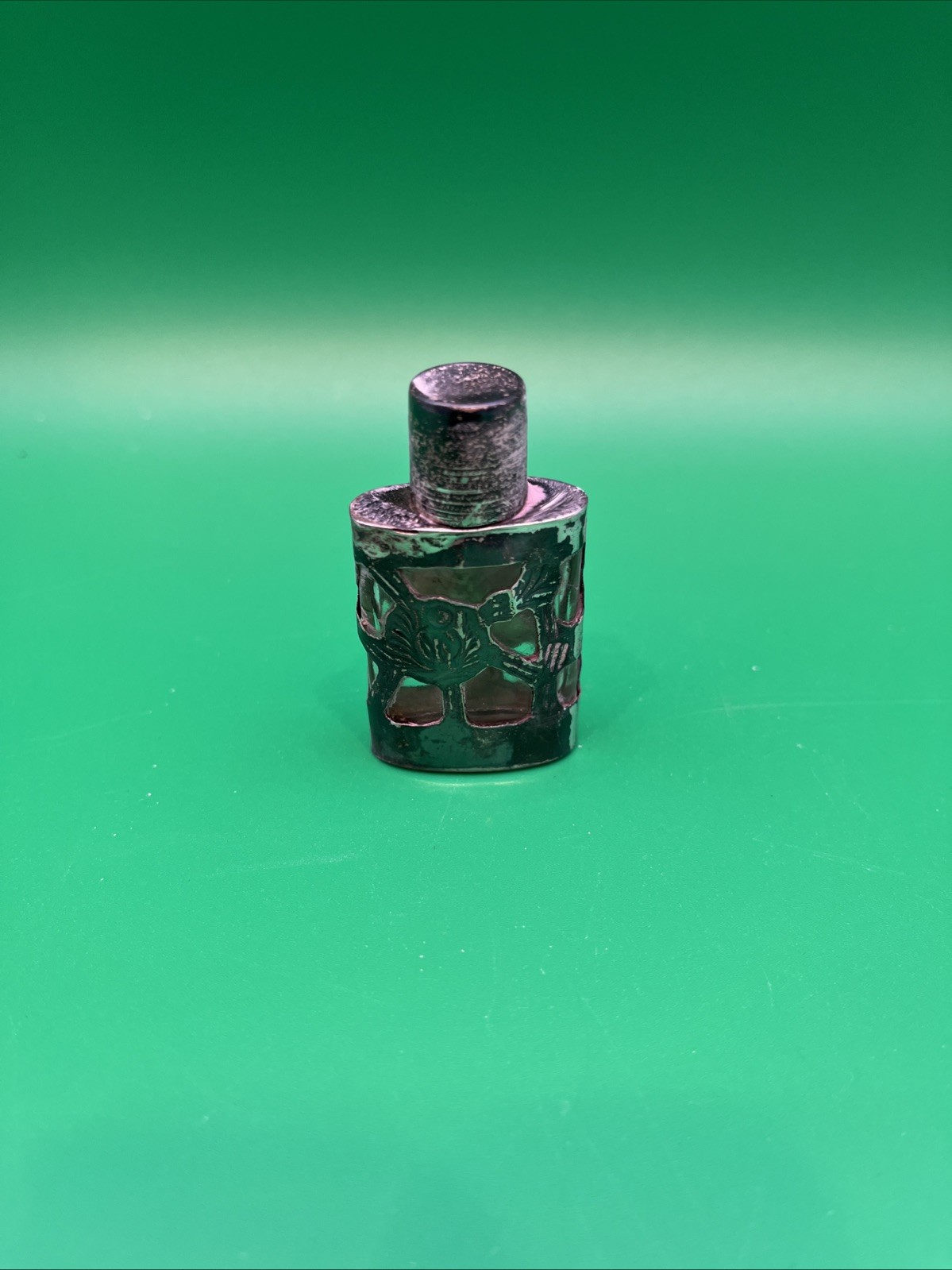 Vintage Sterling Silver 2″ Perfume / Scent Bottle Overlay On Glass Artist Sig