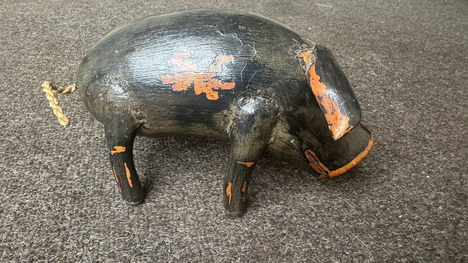 Folk Art Hand Carved Wood Pig Boar Eyes Rope Tail