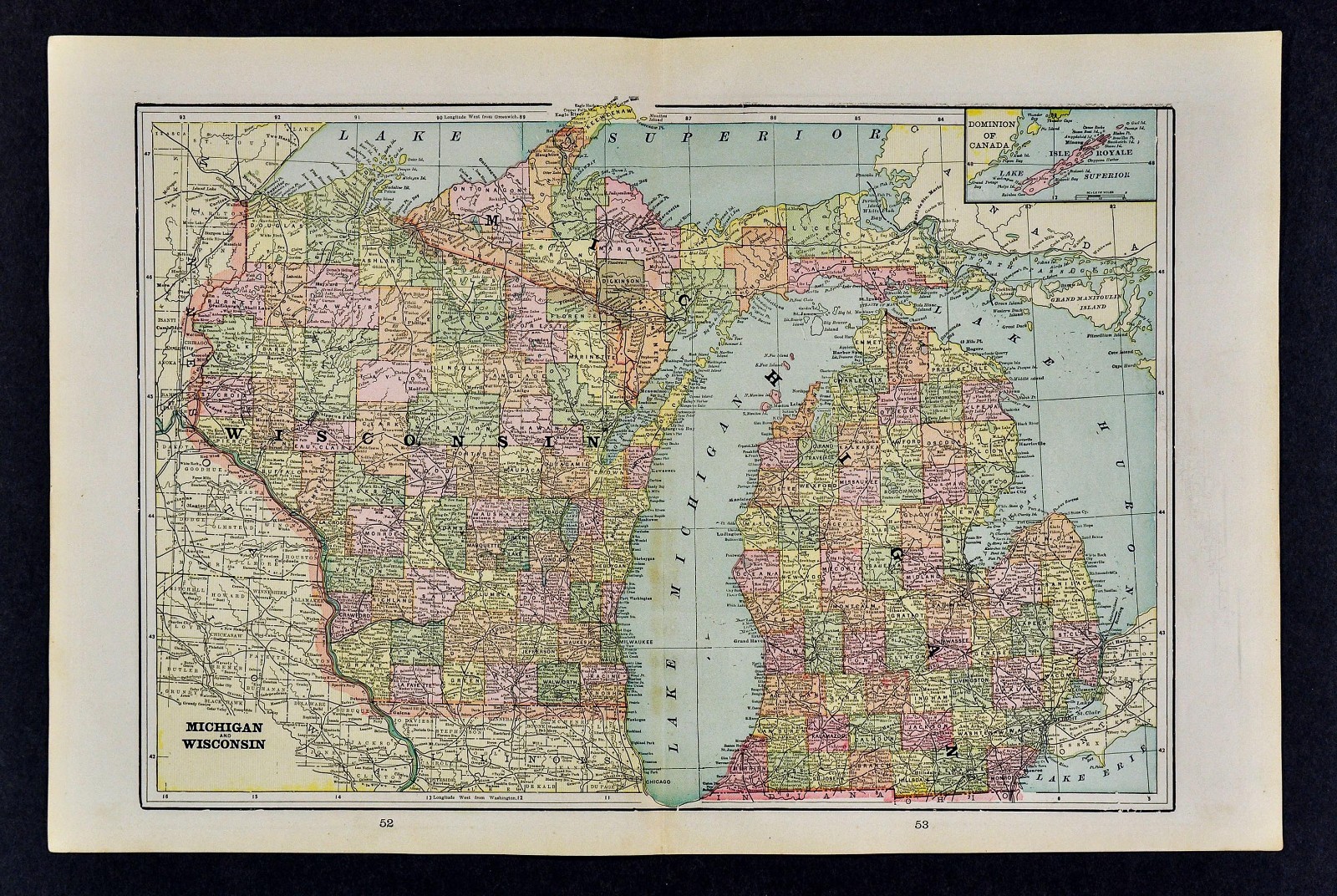 1891 Cram Map – Michigan Wisconsin Lansing Detroit Madison Milwaukee Isle Royal