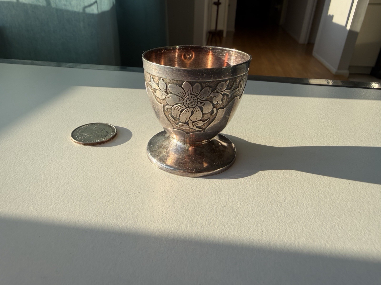 Antique Continental Silver Egg Cup Hand Engraved Floral 33g Footed