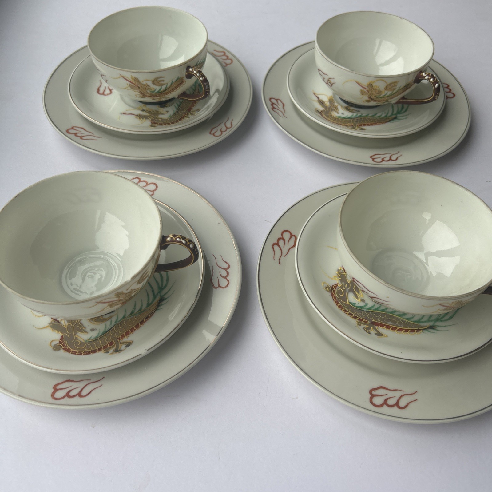 Antique Vintage Japanese Golden Dragon Moriage Geisha Lithophane Tea Cup Set x12
