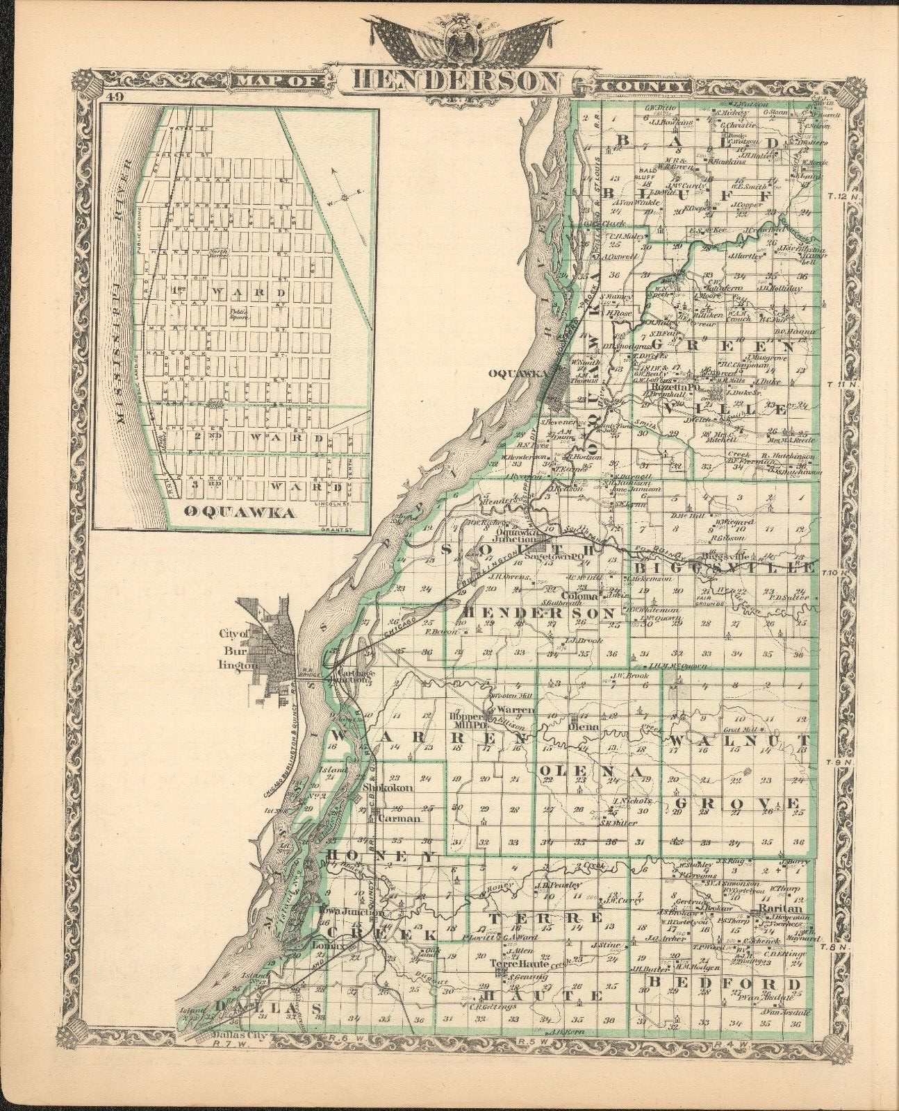 1876 Henderson & Mercer Illinois county map antique ~ 17.3″ x 13.8″ hand color