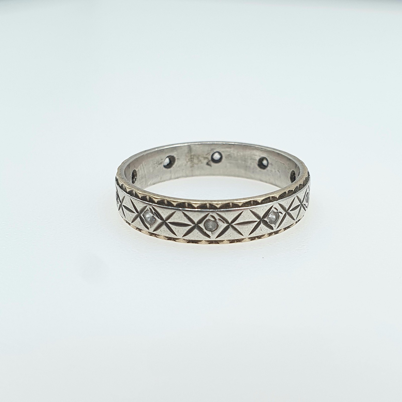 Antique 9ct Gold & Solid Silver White Spinel Eternity Ring X Pattern Vintage