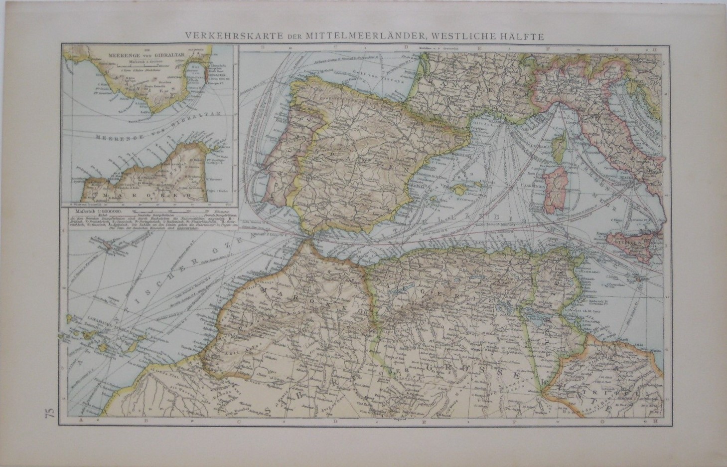 Original 1896 Western Mediterranean Sea STEAMSHIP LINES Routes Ports Gibraltar