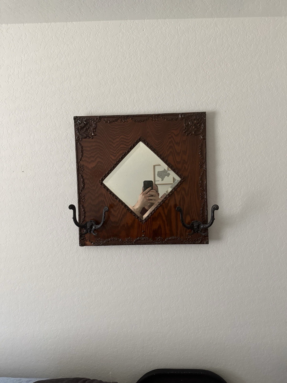 Late 1800’s Victorian Oak Wall Mirror Gold Embossed Floral Design W Hat Hooks. ￼