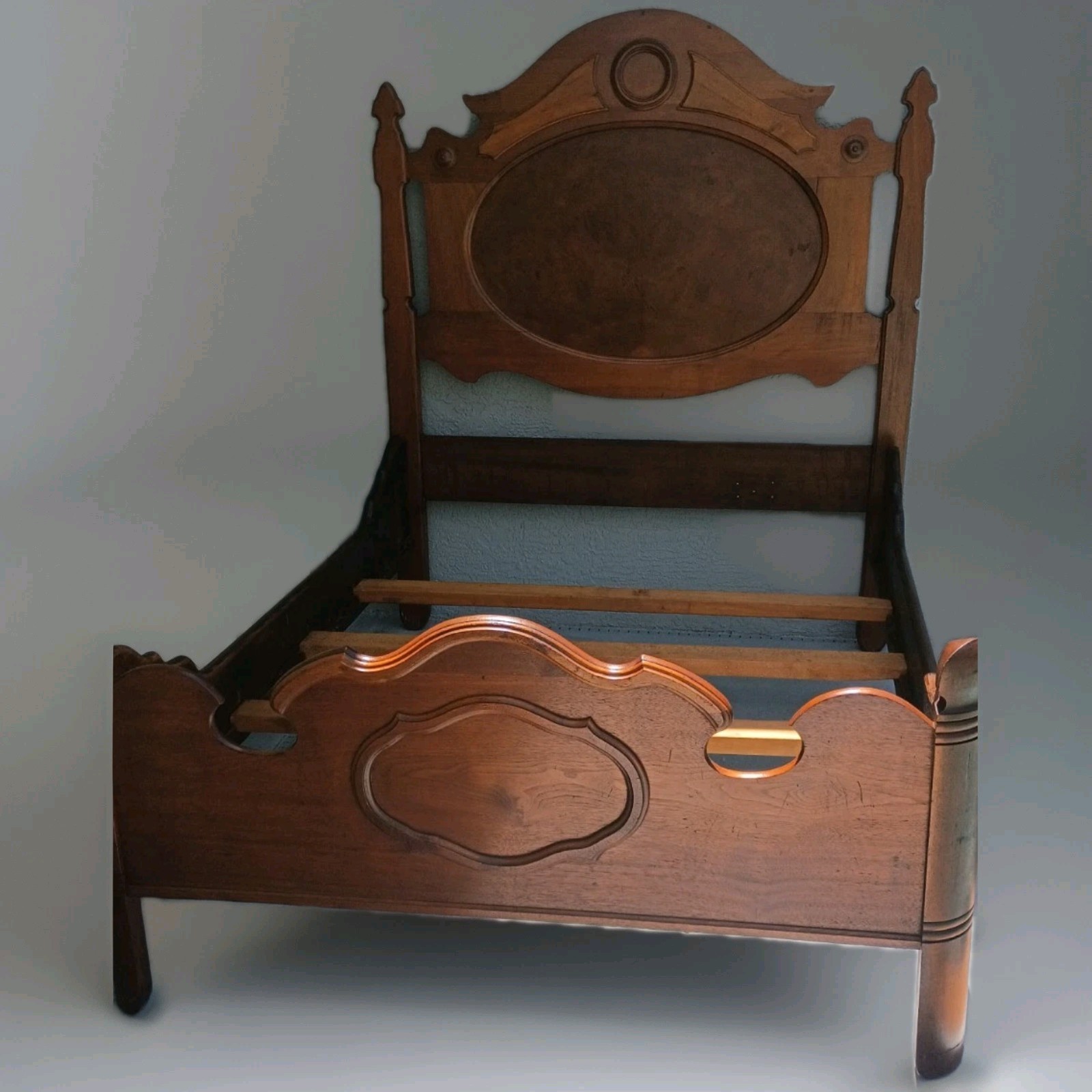 Antique 1880s Solid Oak & Burlwood Full Size bed, Headboard & Footboard & Slats