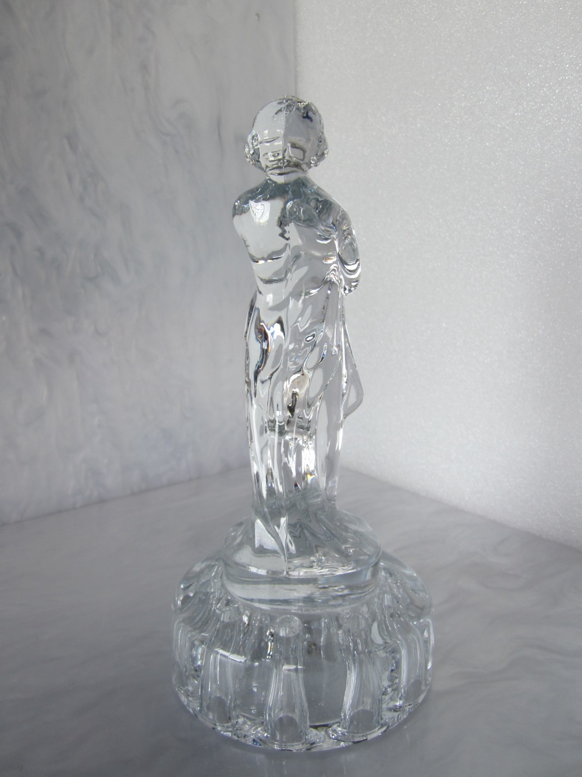 1930’s CAMBRIDGE ART GLASS “BASHFUL CHARLOTTE” DRAPED NUDE CRYSTAL FLOWER FROG