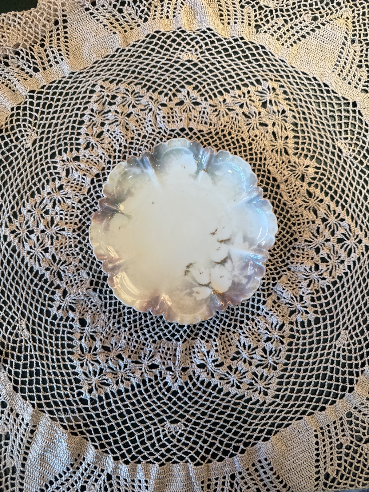 Genuine Antique RS Prussia Luster 7” Plate Ruffled Edge Iridescent Purple Green