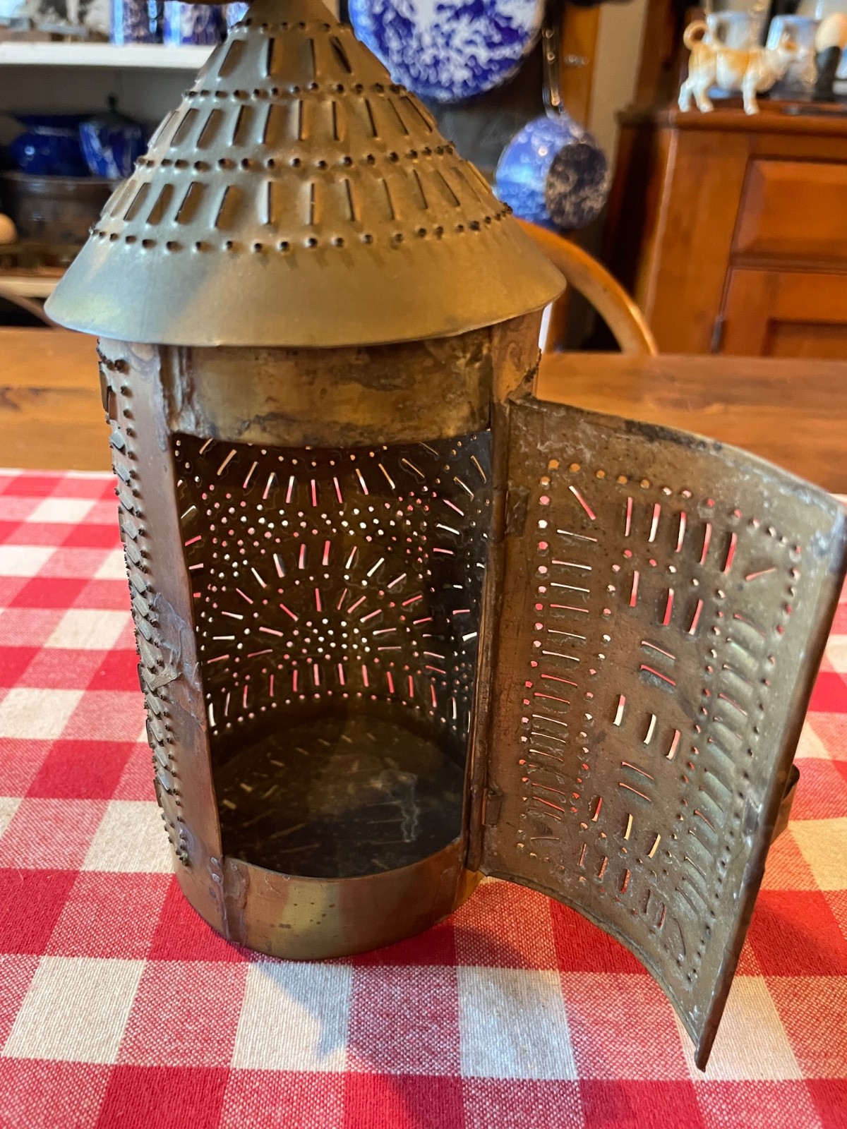 Antique Primitive Small Punched Tin Candle Lantern (12″ tall)
