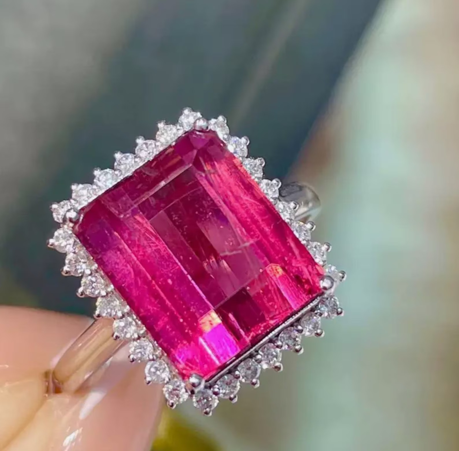 7.40 Ct Emerald Cut Natural Ruby And Diamond Ring 14K White Gold Size 6