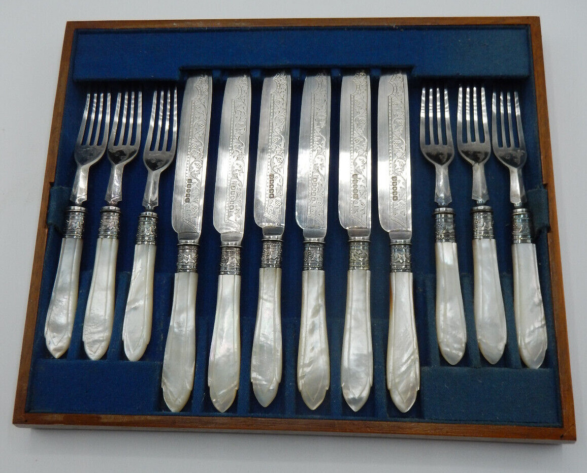 Antique Set 12 pcs Forks & Knives J. Sherwood & Sons Silver Plate Pearly Handles