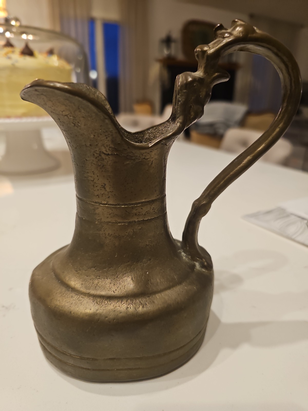 Antique 18th–Early 19th C Brass Figural Creamer / Small Ewer w Mask Handle