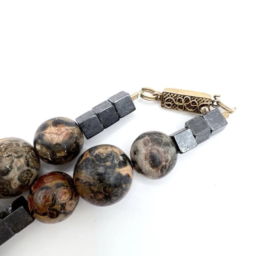 Chinese Export Sterling Silver Leopard Skin Jasper Necklace Vintage Jewelry