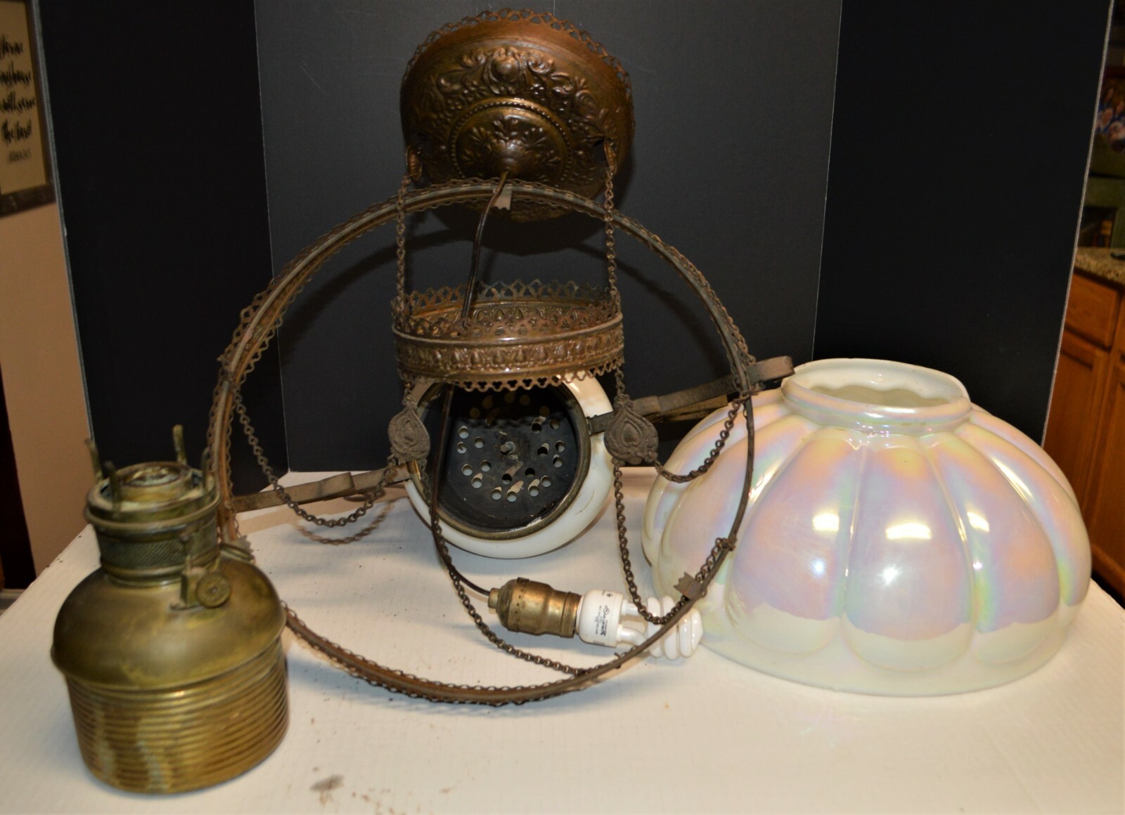 1890’s Victorian Pull Down Library Lamp Pearlescent Melon Shade Electric or Oil