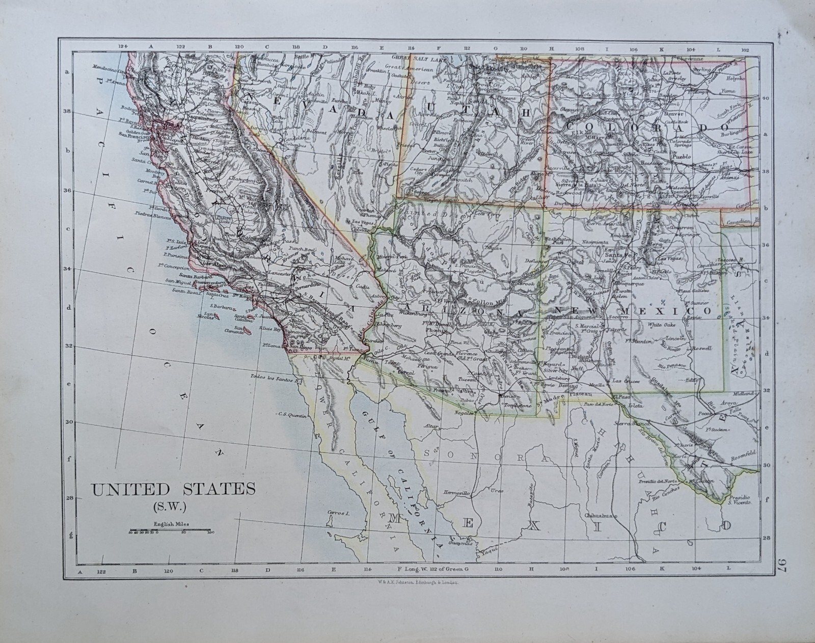 1896 ANTIQUE MAP SOUTH WEST UNITED STATES CALIFORNIA NEW MEXICO ARIZONA UTAH