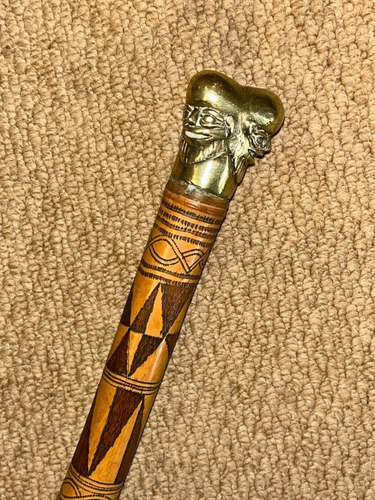 Antique Hand-Carved Bamboo Walking Stick / Cane – Brass 3 Bearded Faces Head Top