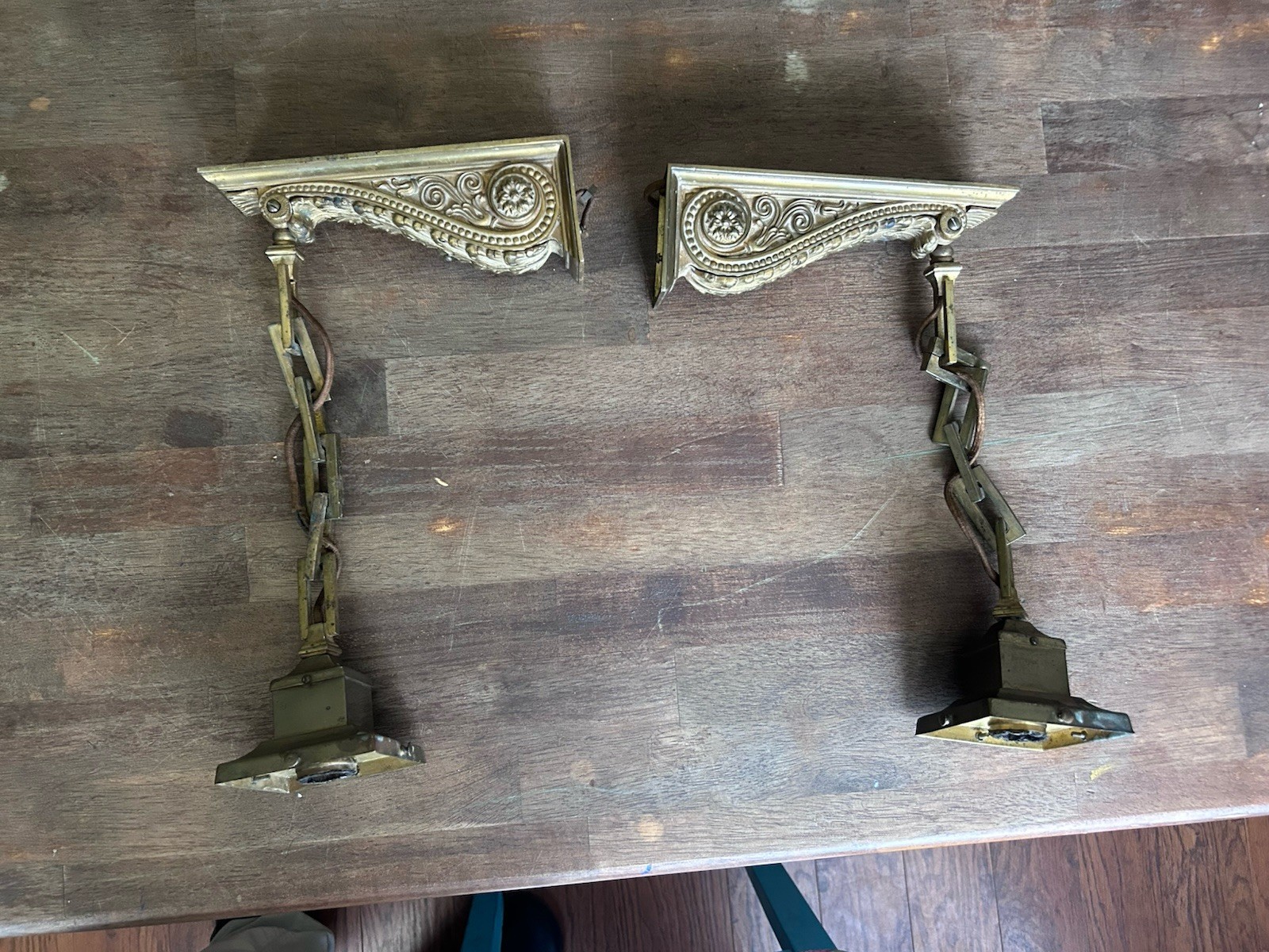 Antique Victorian Brass Chain Drop Pendant Wall Sconce Lamp Pair, Electrified