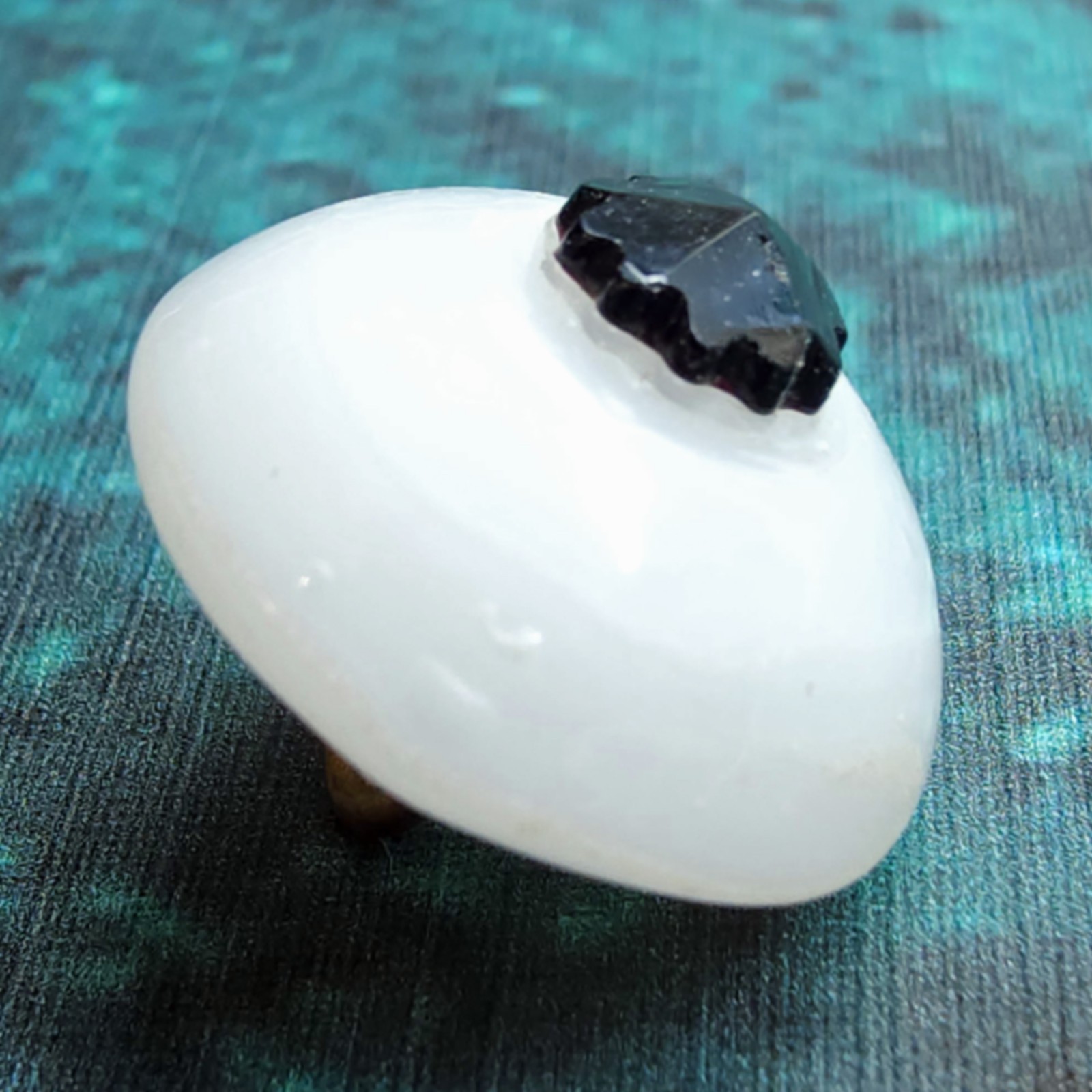Antique Swirlback Charmstring Button ~ Milk Glass w/ Faceted Black Glass Coronet