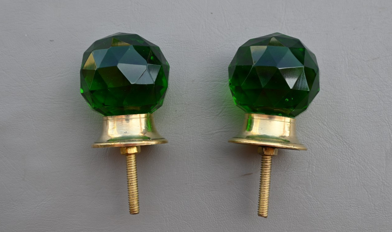 Vtg sea green round cut glass door drawer knob handle pull 2″ 2PC