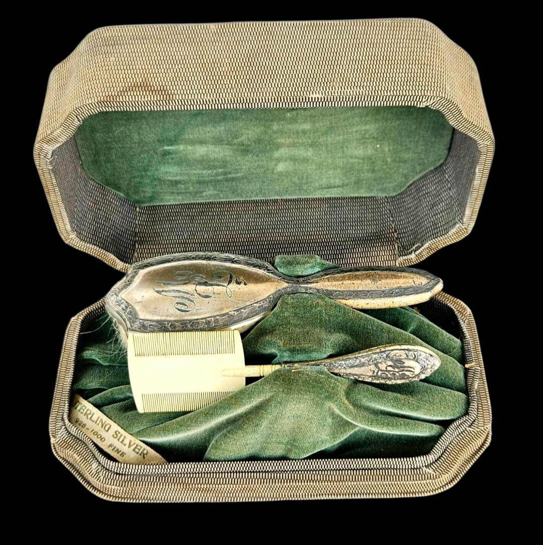Antique 925Sterling Silver Gentleman Travel Grooming Set Comb Brush Original Box