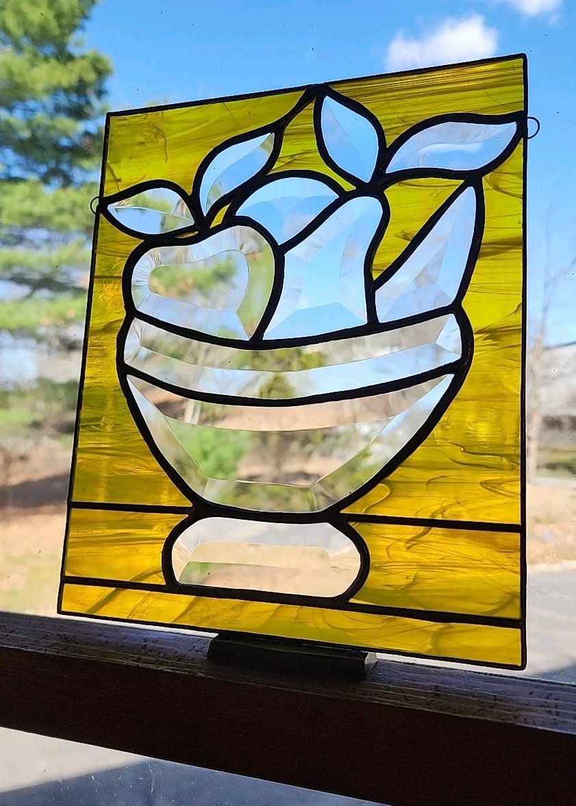 Vintage Stained Glass Fruit Bowl Suncatcher Cooper Leaded Glass Panel 9.2x 7.5