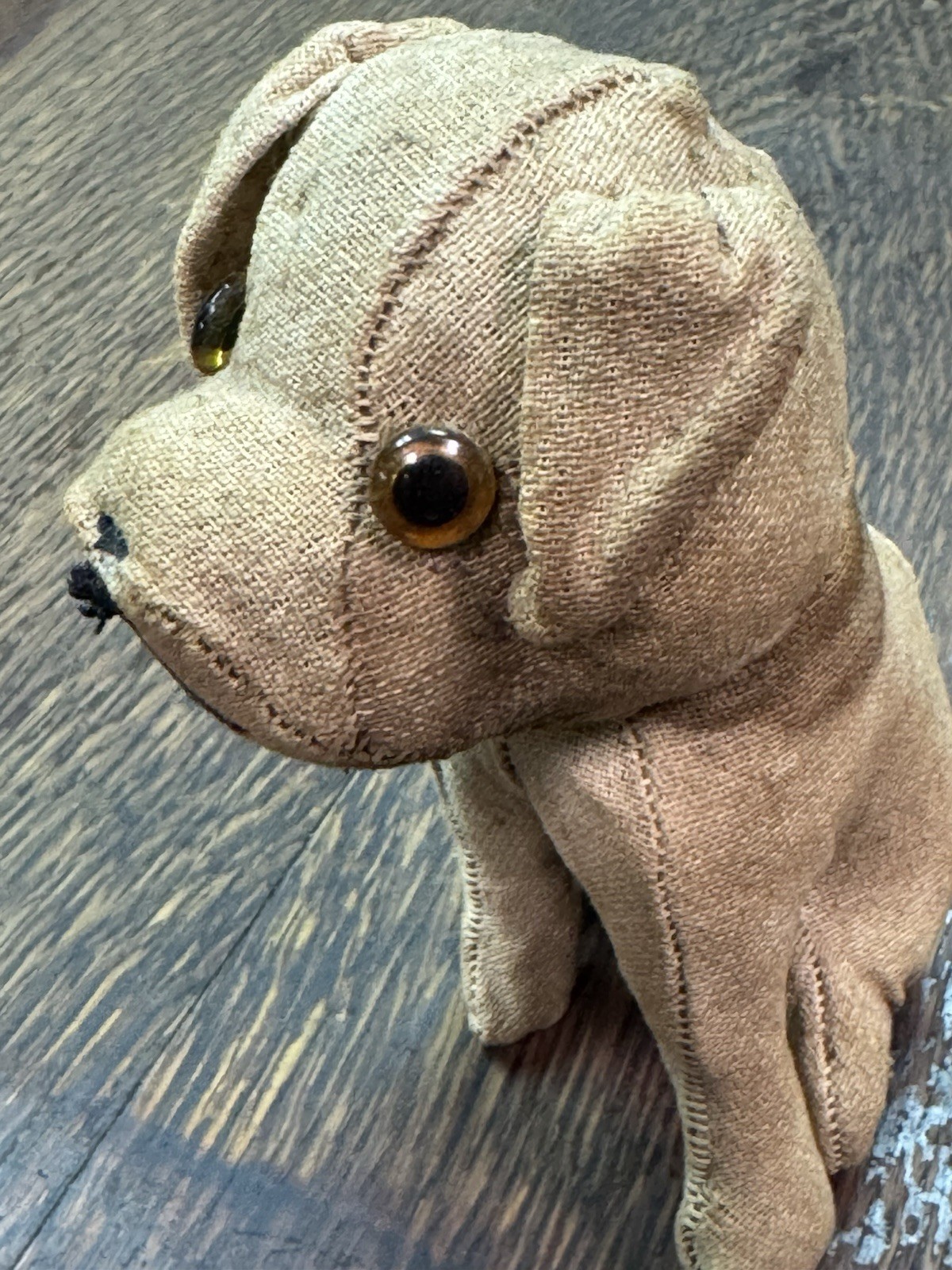 Antique Depression Era, Feed Sack Stuffed Toy Dog, Hand Sewn Rustic