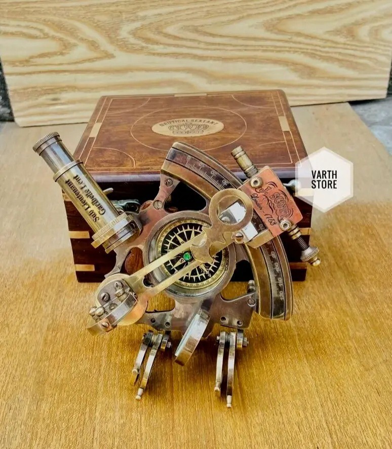VINTAGE NAUTICAL GERMAN ANTIQUE WORKING MARINE BRASS SEXTANT WITH WOODEN BOX
