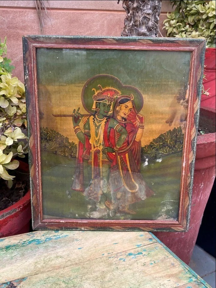 Antique Old Rare Original Ravi Varma Press Litho Print Krishna Radha Framed