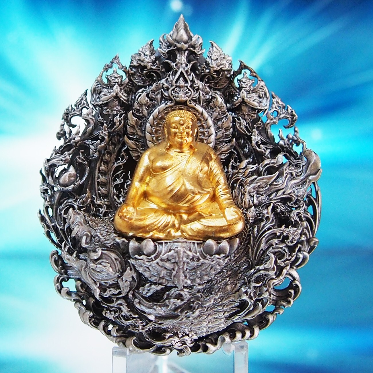 Thai Amulet Medallion Phra Sangkajjai Phat Real Silver Wat Huai DuanBE2565 No.33