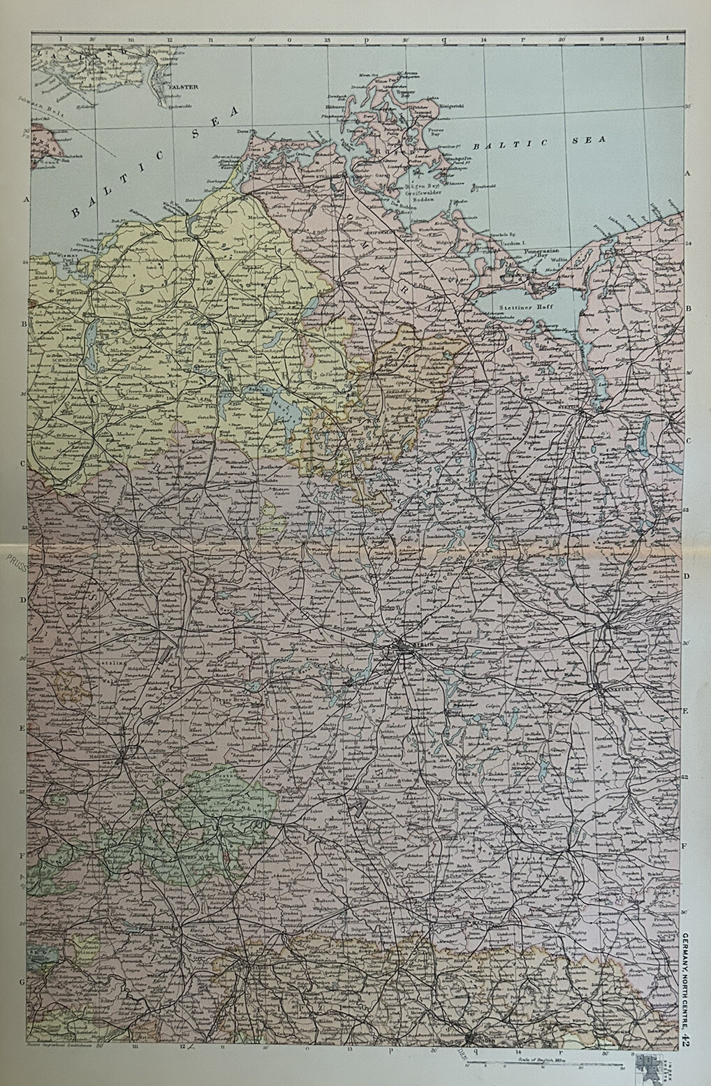 1893 Pomerania & Brandenburg Germany Original Antique Map by G.W. Bacon