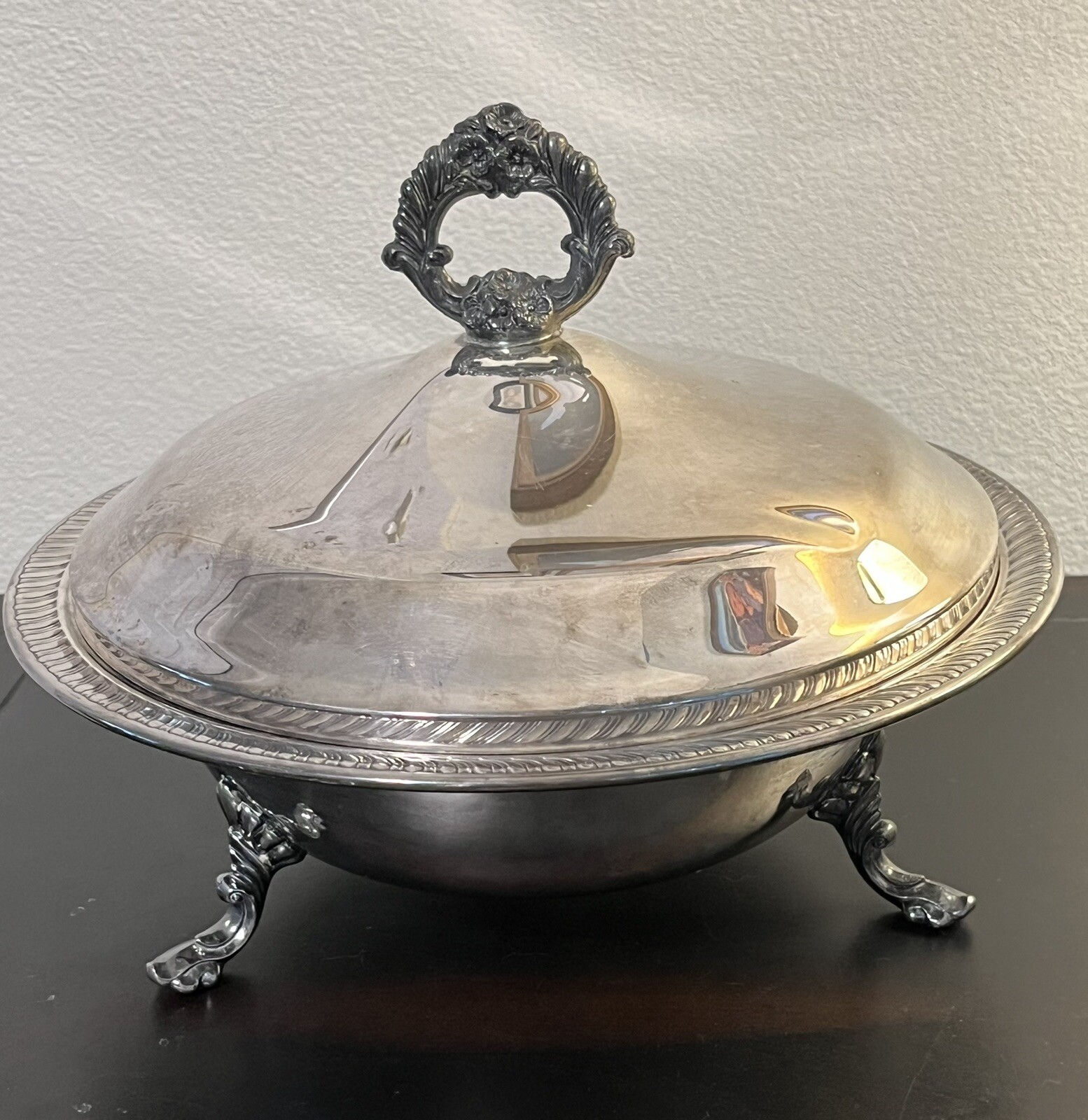 F.B. ROGERS SILVER CO. SILVER PLATED FOOTED COVERED DISH SERVING BOWL #1158