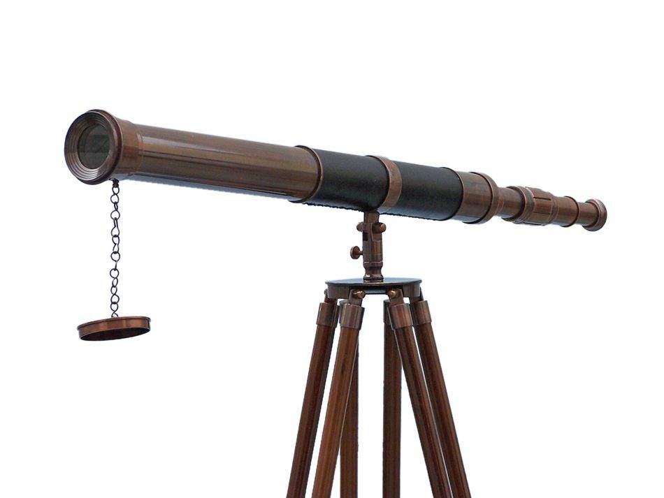 Antique Nautical Floor Standing Brass Telescope With Wooden Tripod Stand 60 Inch