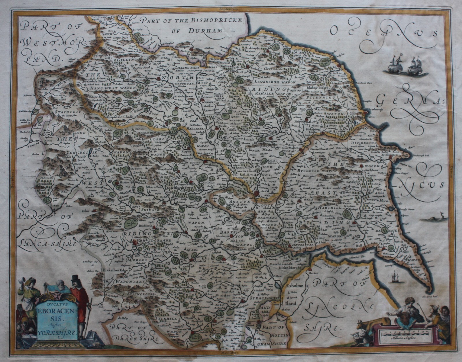 YORKSHIRE, ‘DUCATUS EBORACENSIS’, original antique county map, JAN JANSSON, 1646