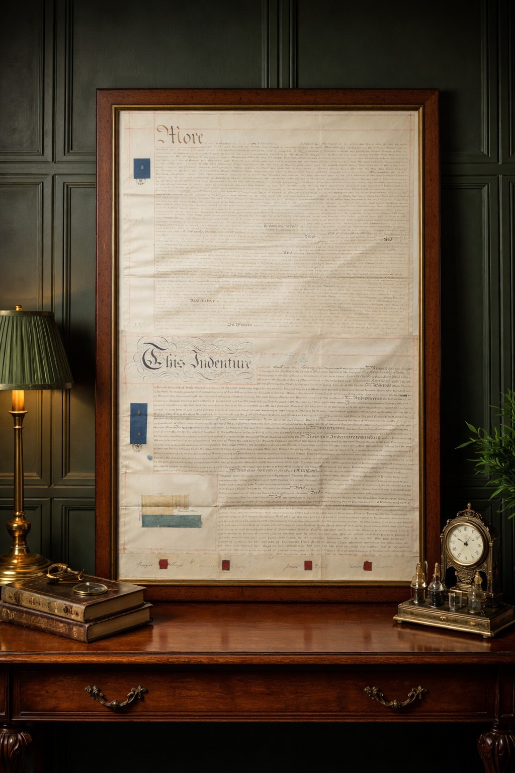 Huge 1725 Antique Indenture Deed w/ Wax Seals Calligraphy Framed 123cm