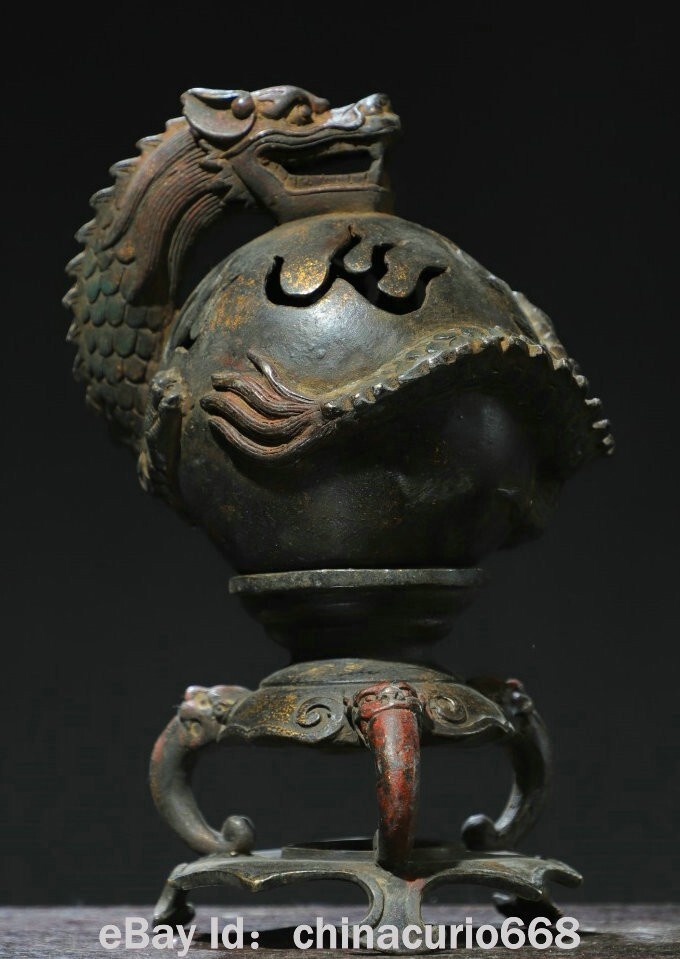 9.2″ Old Chinese Bronze Carving Dynasty Dragon Ball incense burner Censer