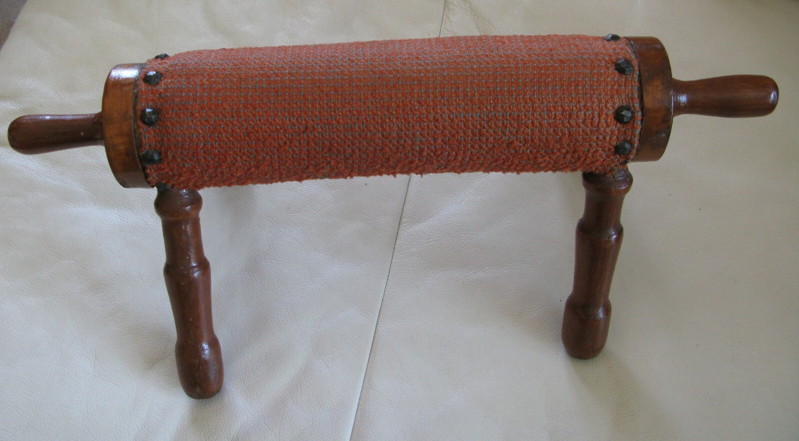 Antique Barrel Cylinder Wood Rolling Pin Foot Rest Stool Farmhouse Footstool