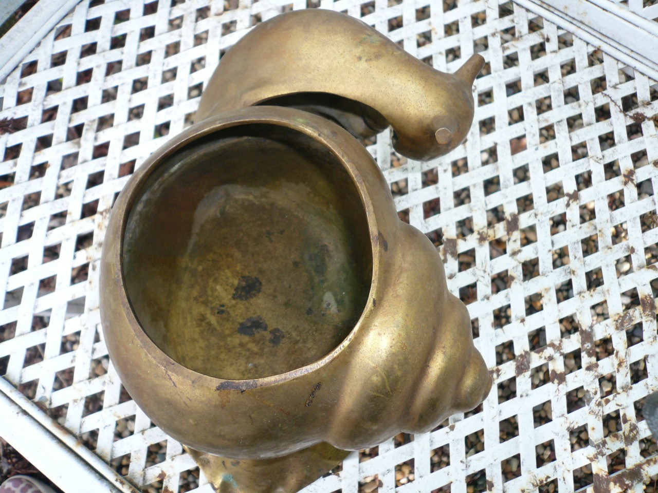 EXQUISITE OLD PATINATED SOLID BRASS VINTAGE SNAIL GARDEN PLANTER 9 1/2″ LONG