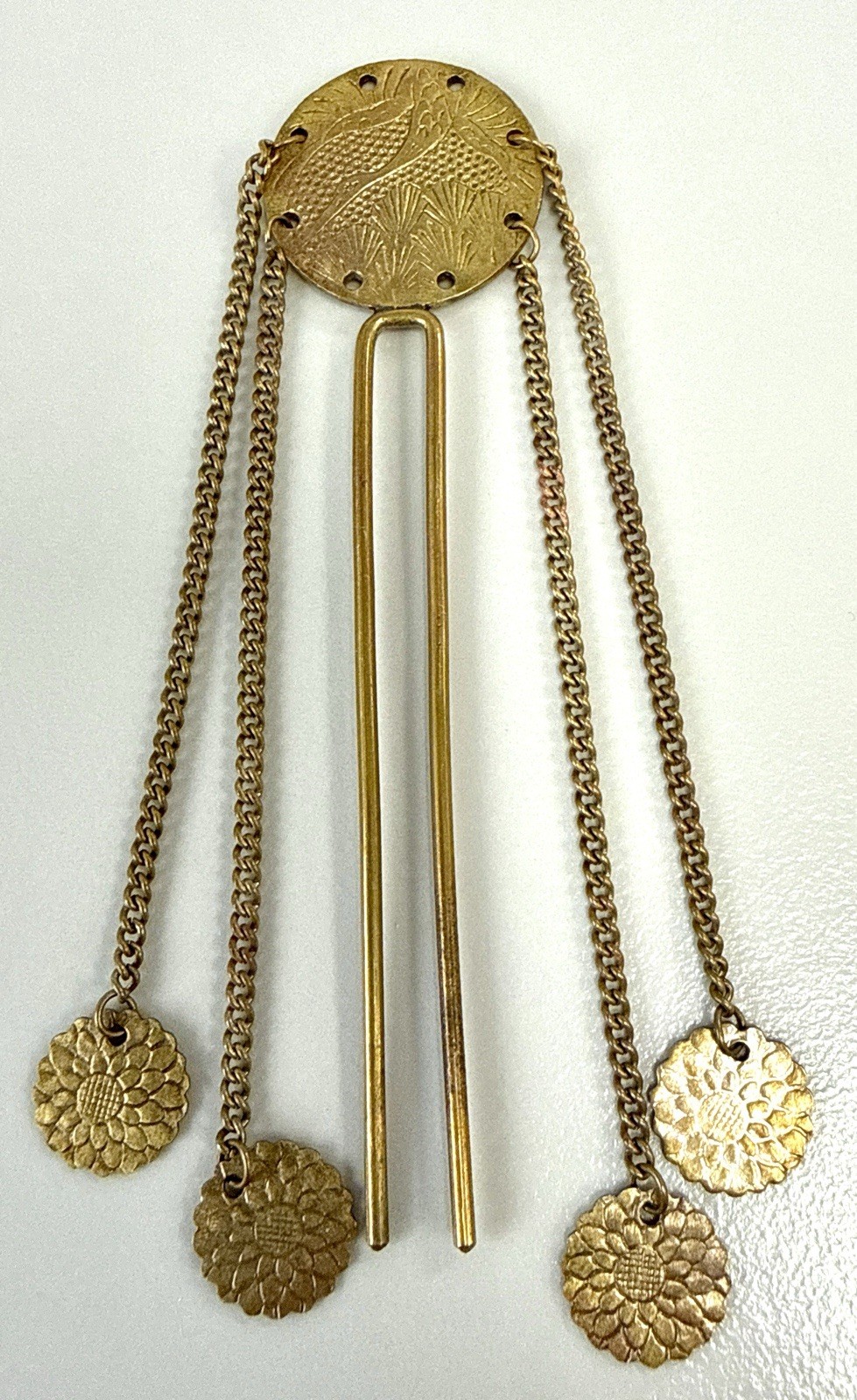 Vintage Brass Hair Slide Fork Kanzashi Style Floral Dangle Boho Bun Ornament