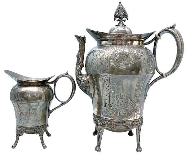 E.G. Webster and Bros Teapot and Creamer Ornate Victorian Bird Spout Set